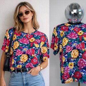 VTG 90s Sag Harbor Floral Print Short Sleeve Button Back Blouse, Women Size 10